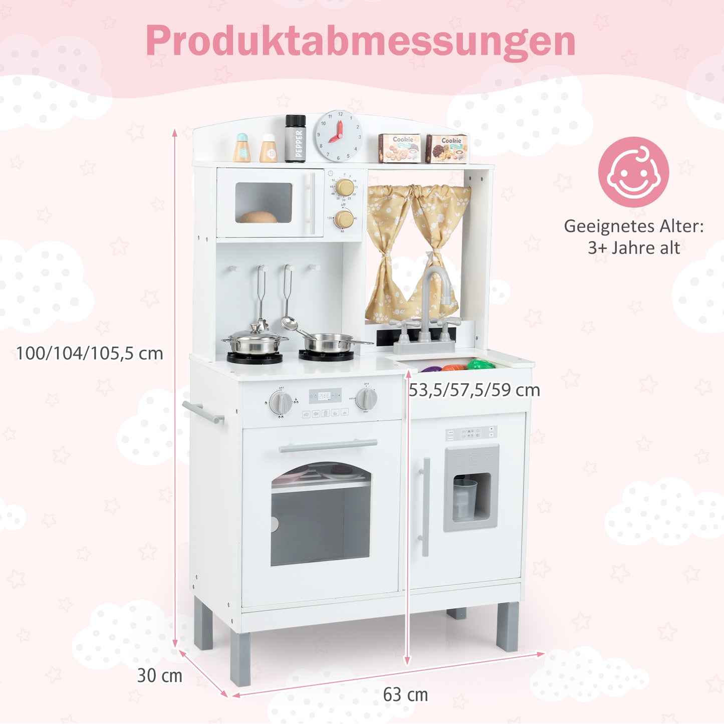 LIVSK Houten Speelkeuken - 3 Verstelbare Hoogtes - Magnetron - Oven - Kookaccessoires - Voor Kinderen 3+ - Wit