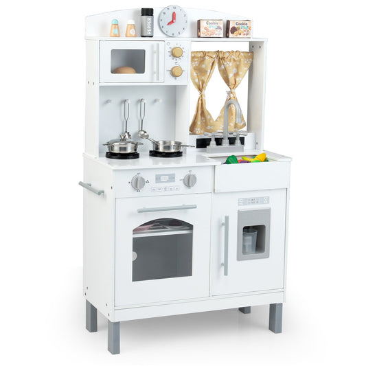 LIVSK Houten Speelkeuken - 3 Verstelbare Hoogtes - Magnetron - Oven - Kookaccessoires - Voor Kinderen 3+ - Wit