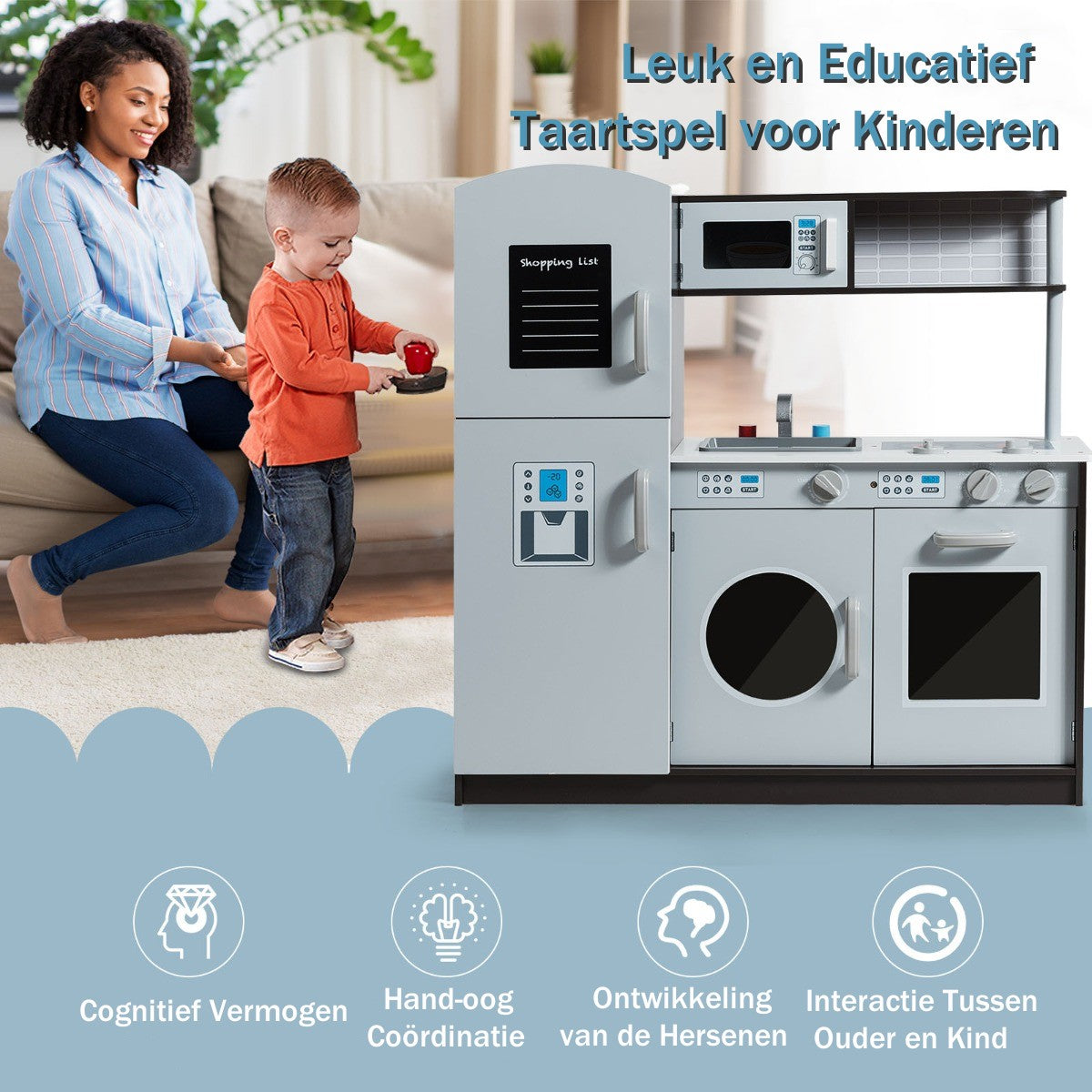 LIVSK Houten Speelkeuken met Klikgeluiden - Fornuis, Gootsteen, Koelkast en Opbergruimte - Duurzaam en Veilig - Grijs
