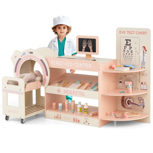 Livsk costway kinderspeelset dokter houten ziekenhuis rollenspelkit speelset medisch centrum voor kinderen vanaf 3 jaar roze