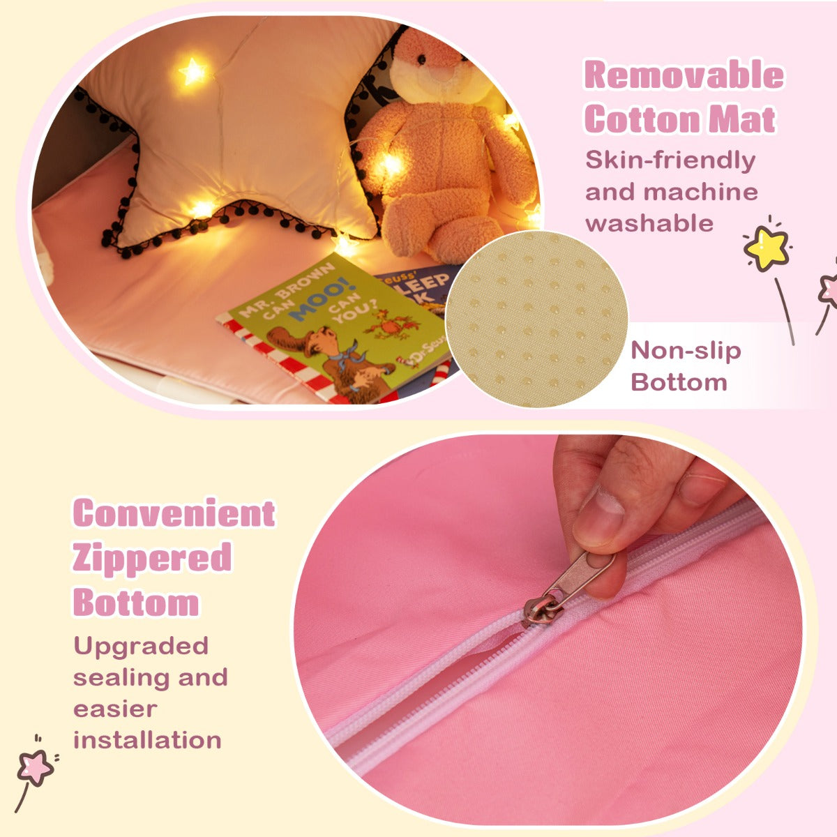 LIVSK Speelhuistent voor Kinderen - Ruimte voor 4 - Duurzaam Polyester-Katoen - Sterrenverlichting - Eenvoudige Montage - Roze +