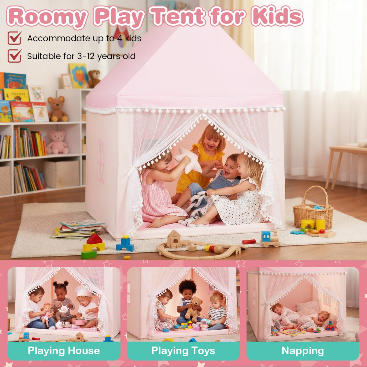 Livsk costway kinderspeeltent kindertent met zachte mat muskietennetgordijn en 2 ramen 105 x 120 x 140 cm 3