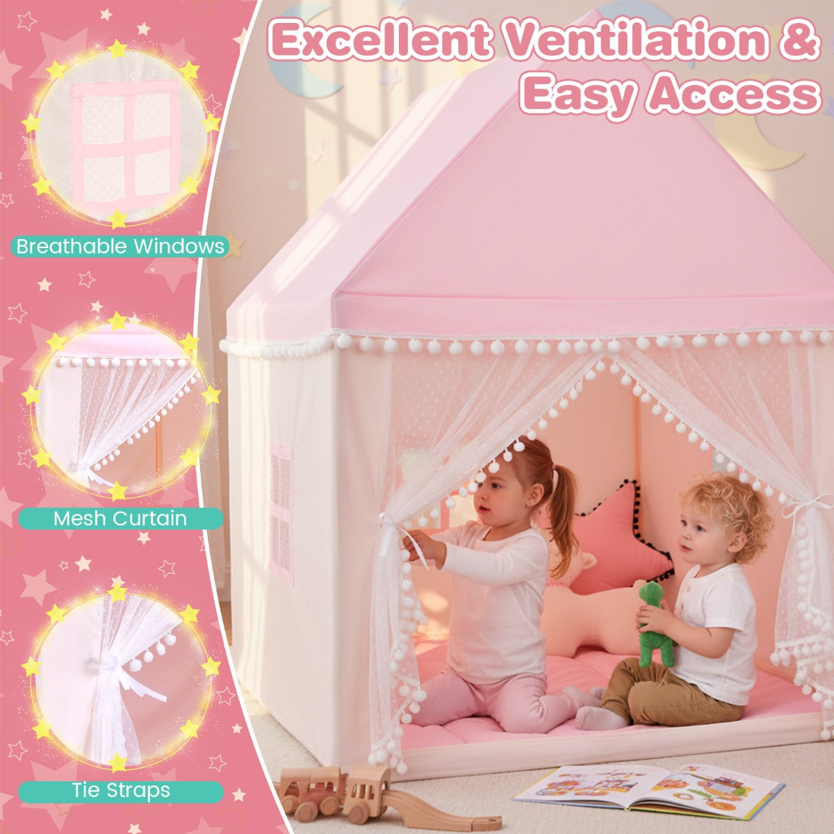 Livsk costway kinderspeeltent kindertent met zachte mat muskietennetgordijn en 2 ramen 105 x 120 x 140 cm 5