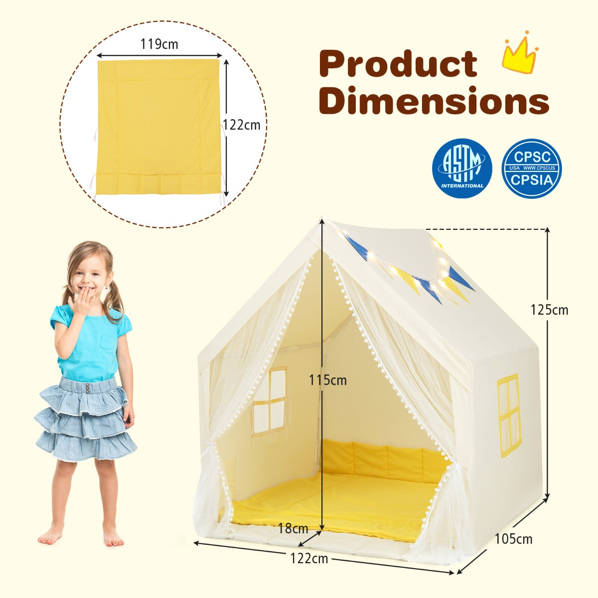 LIVSK Kinderspeeltent met Sterverlichting - Ruimte voor 2 Kinderen - Zacht Gewatteerd Tapijt - Duurzame PVC-structuur - 122 x 105