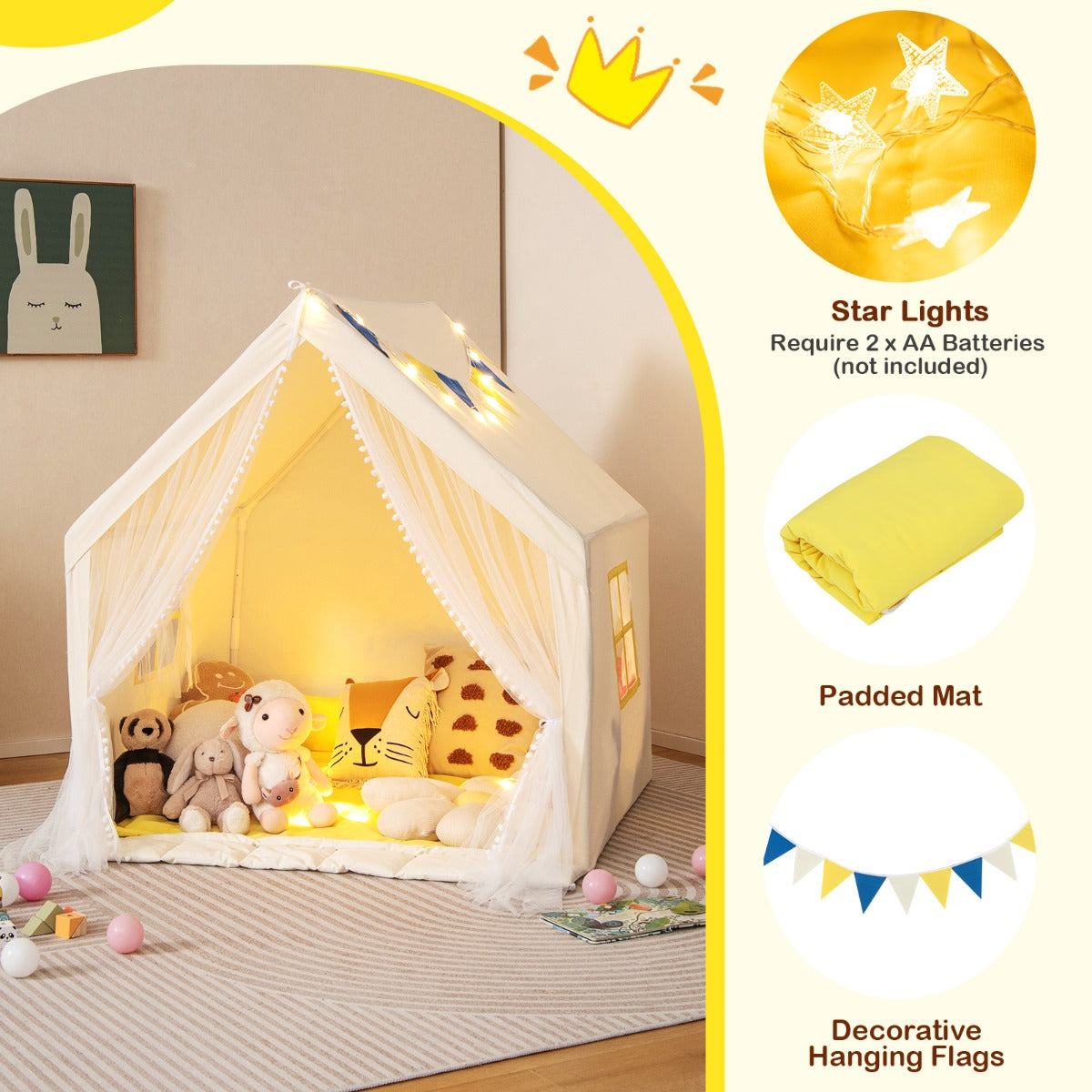 LIVSK Kinderspeeltent met Sterverlichting - Ruimte voor 2 Kinderen - Zacht Gewatteerd Tapijt - Duurzame PVC-structuur - 122 x 105