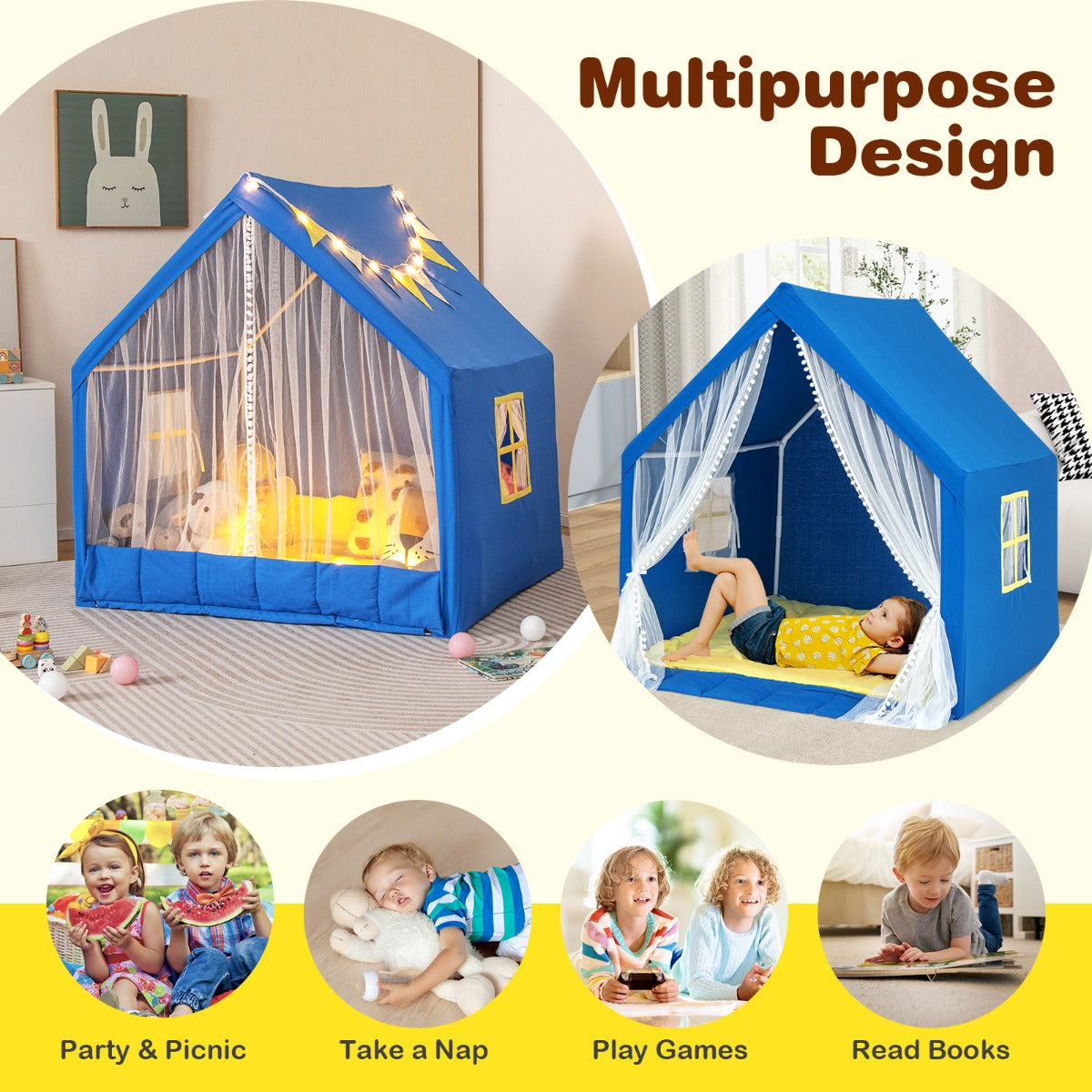 LIVSK Kinderspeeltent met Sterverlichting - Ruime Speelruimte voor 2 Kinderen - Machinewasbare Luifel - Stevige PVC-buizen -