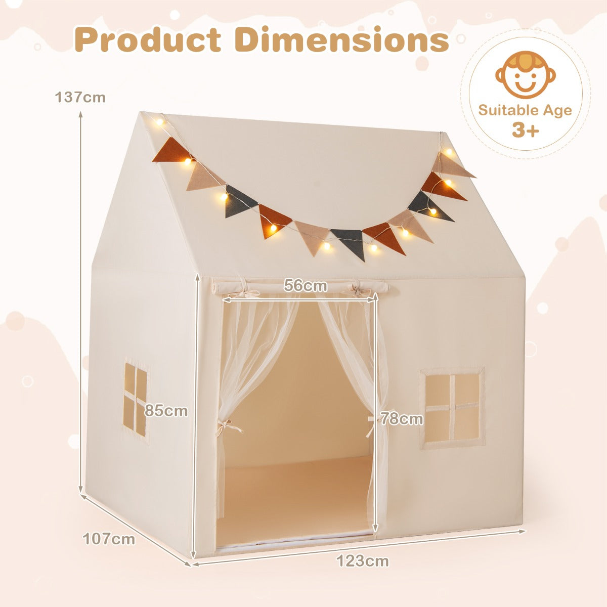LIVSK Kinderspeeltent Cottagestijl - Gewatteerde Antislipmat - Gordijn met Dubbele Deur - Voor 3 Kinderen - 123 x 107 x 137 cm -