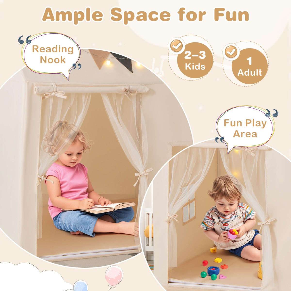 LIVSK Kinderspeeltent Cottagestijl - Gewatteerde Antislipmat - Gordijn met Dubbele Deur - Voor 3 Kinderen - 123 x 107 x 137 cm -