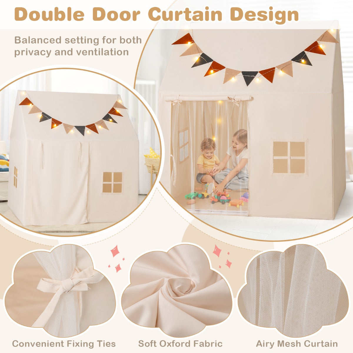 LIVSK Kinderspeeltent Cottagestijl - Gewatteerde Antislipmat - Gordijn met Dubbele Deur - Voor 3 Kinderen - 123 x 107 x 137 cm -