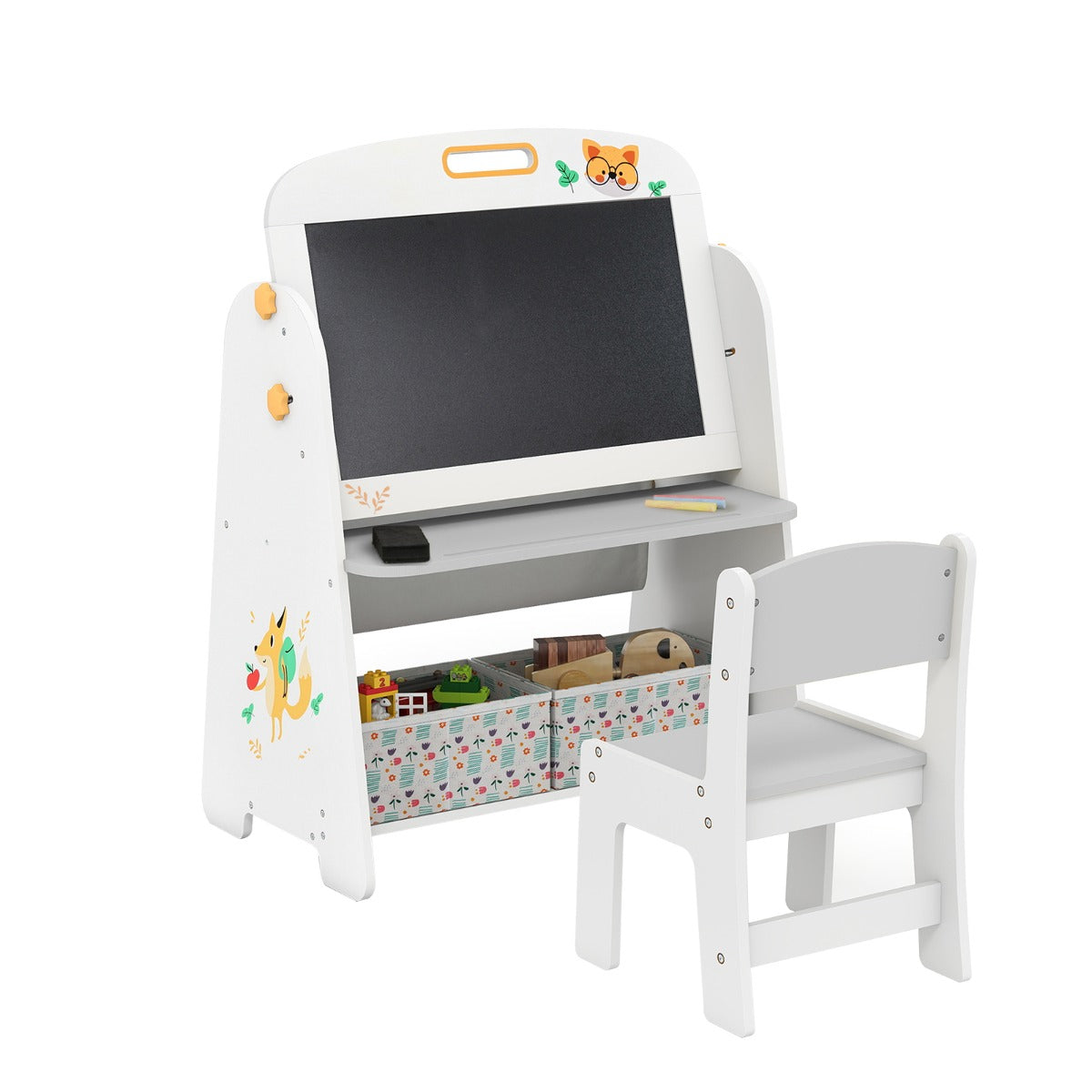 LIVSK 4-in-1 Kindertafel met Stoel - Magnetisch Whiteboard en Krijtbord - Opbergmogelijkheden - Kindveilig - Grijs