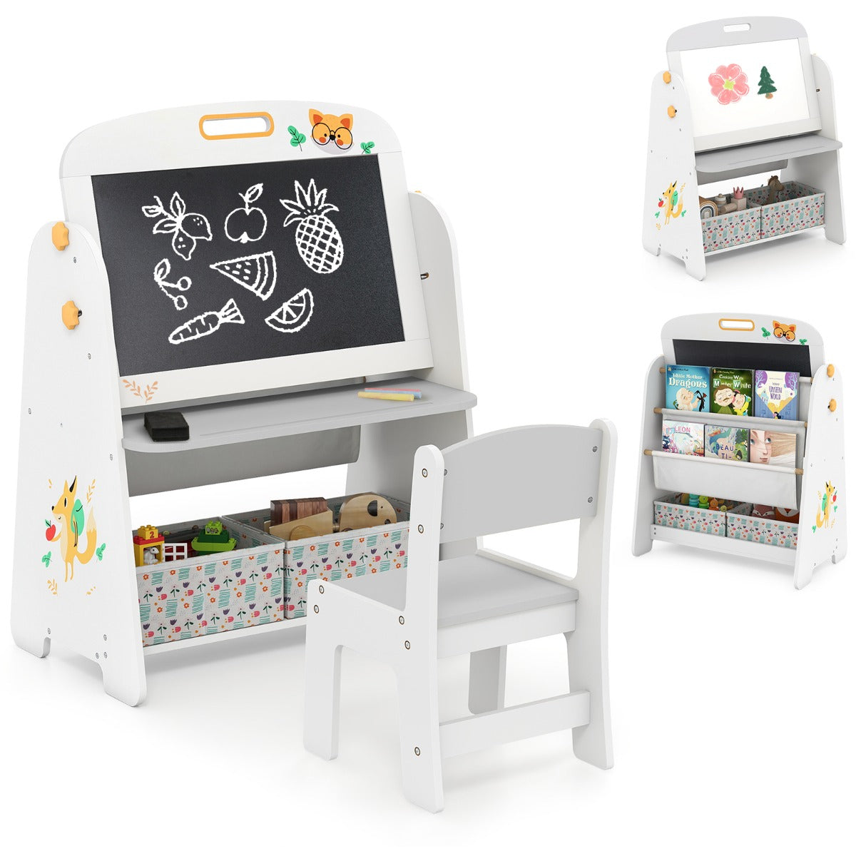 LIVSK 4-in-1 Kindertafel met Stoel - Magnetisch Whiteboard en Krijtbord - Opbergmogelijkheden - Kindveilig - Grijs