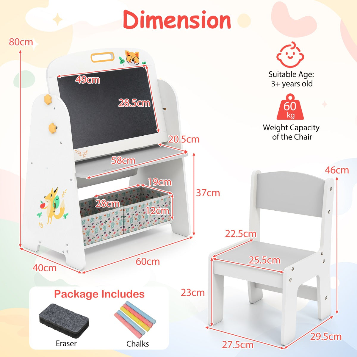 LIVSK 4-in-1 Kindertafel met Stoel - Magnetisch Whiteboard en Krijtbord - Opbergmogelijkheden - Kindveilig - Grijs