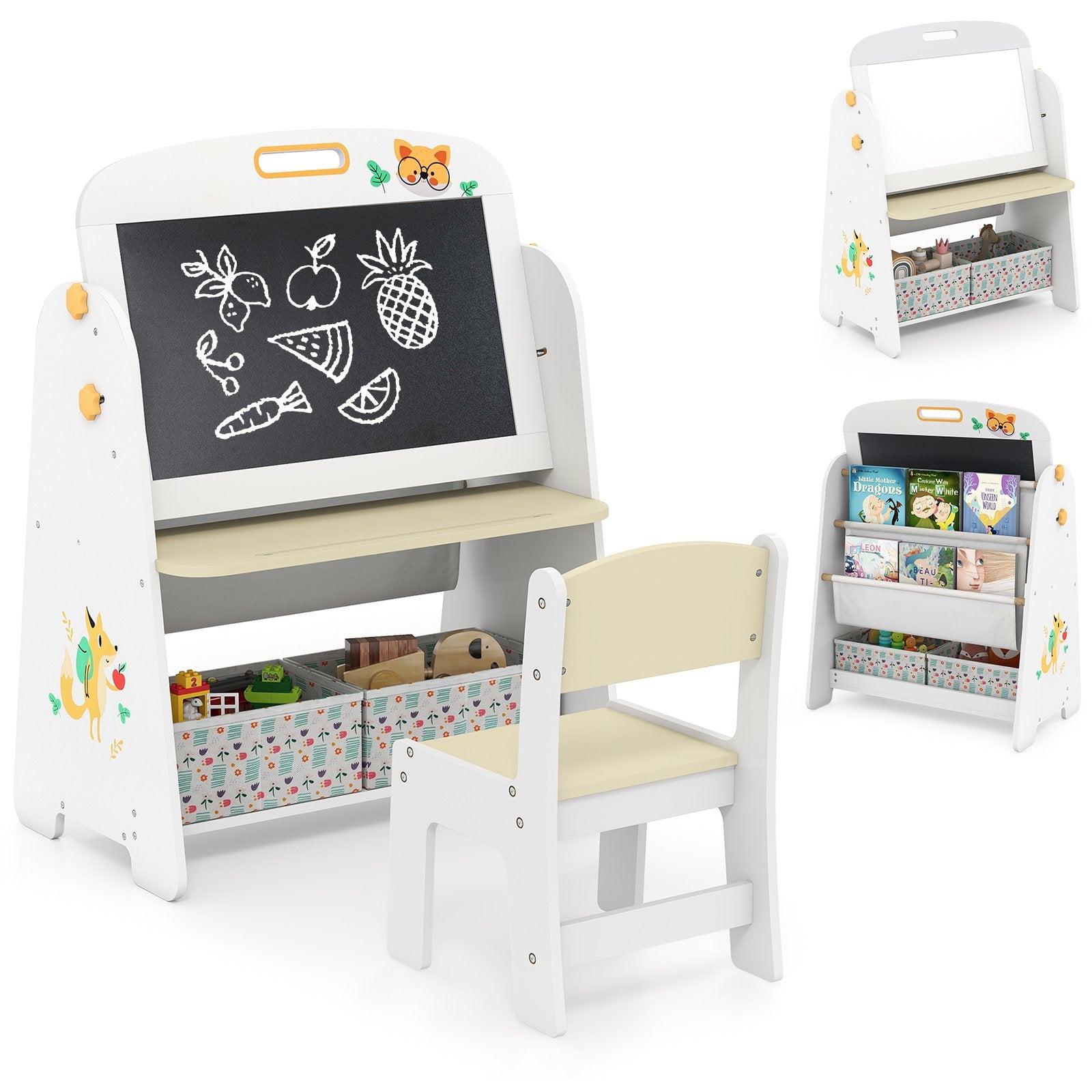 LIVSK 4-in-1 Kindertafel met Stoel - Magnetisch Whiteboard en Schoolbord - Boekenrek en Opbergbakken - Veilig en Duurzaam - Natuur