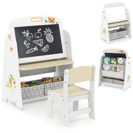 LIVSK 4-in-1 Kindertafel met Stoel - Magnetisch Whiteboard en Schoolbord - Boekenrek en Opbergbakken - Veilig en Duurzaam - Natuur