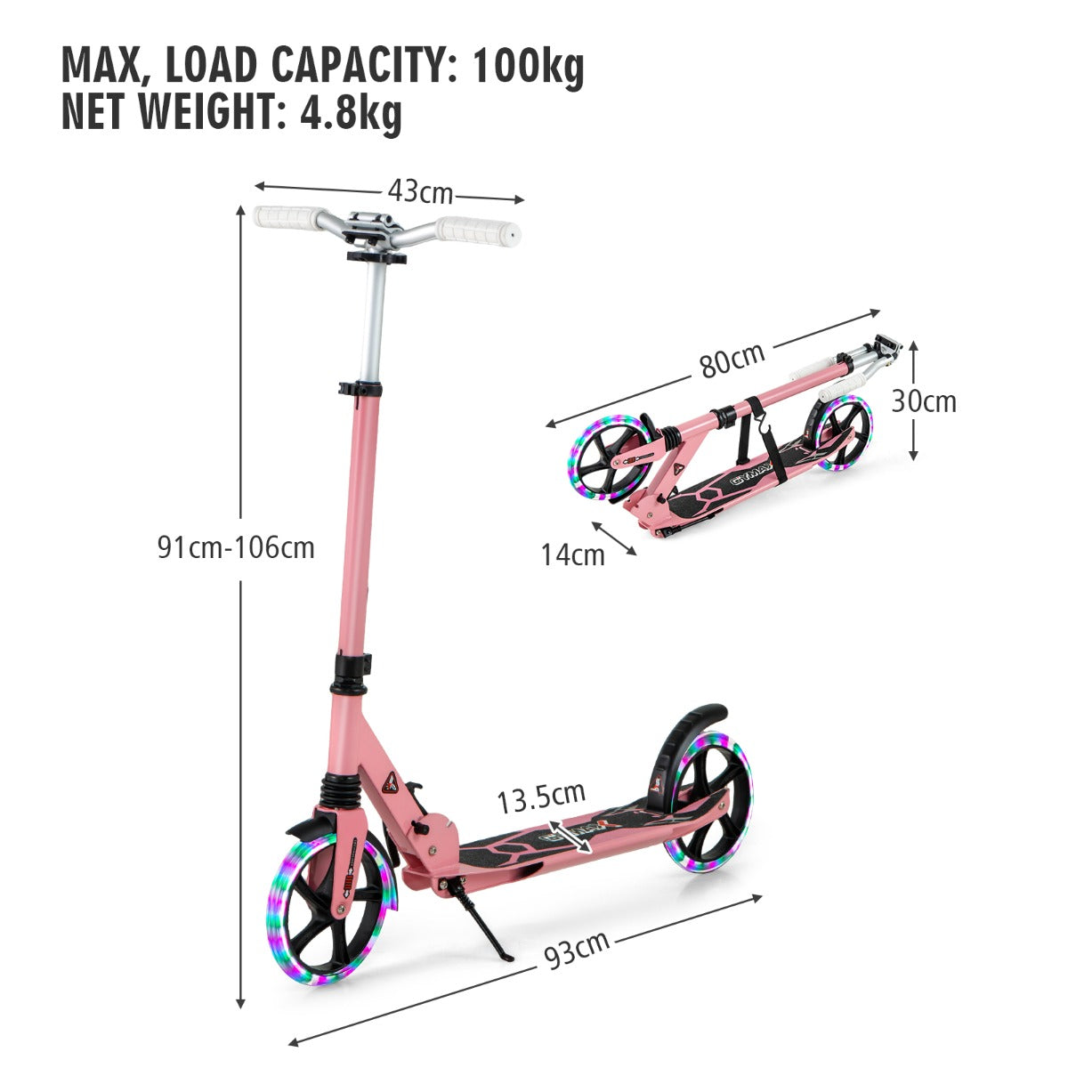 LIVSK Opvouwbare Kinderstep - Verstelbaar Stuur - LED Wielen - Aluminium - Tot 100 kg - Voor 8 jaar en ouder - Roze