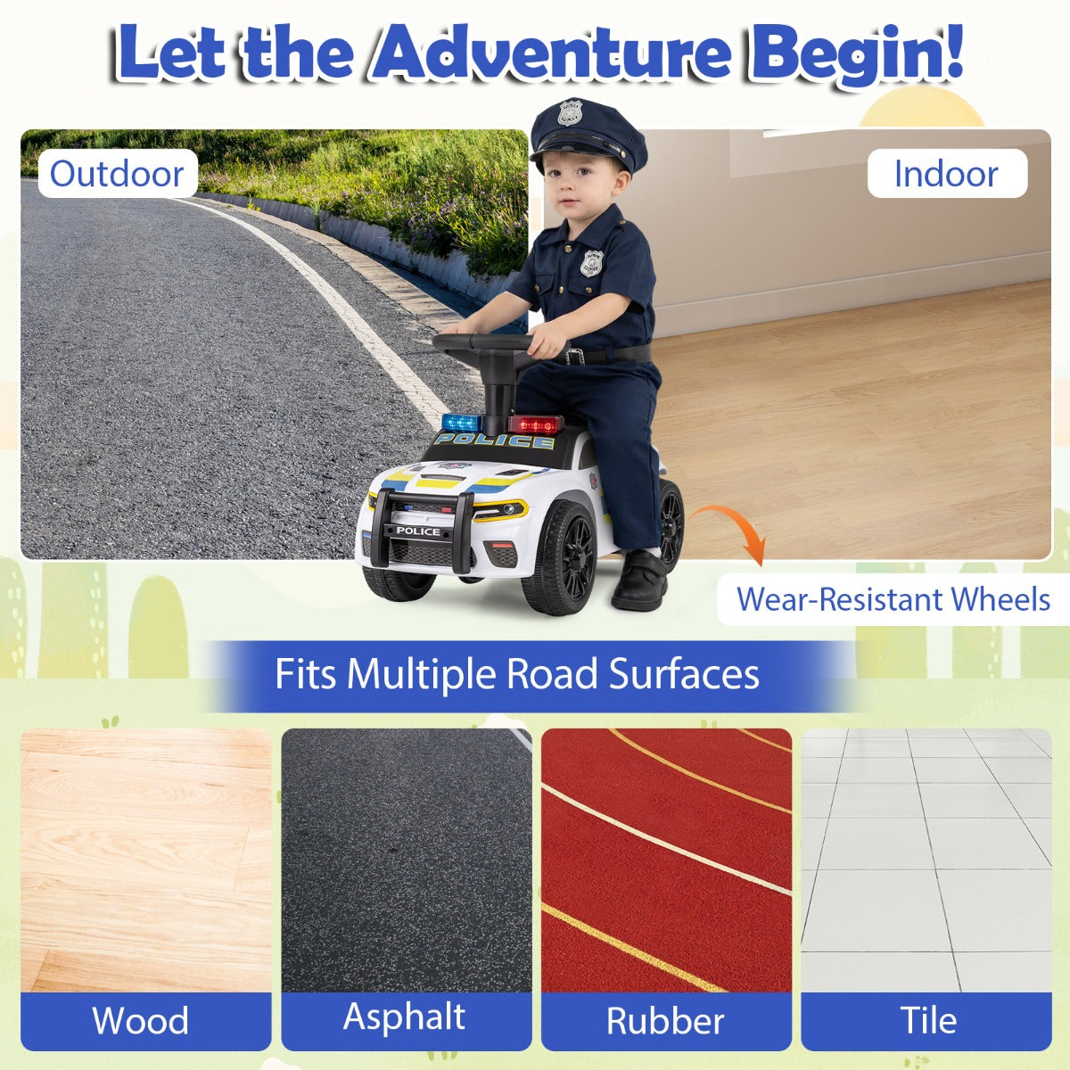 Livsk costway kinderstep outdoor race model met knipperende lichten muziek en opbergvak vloerstep wit 5