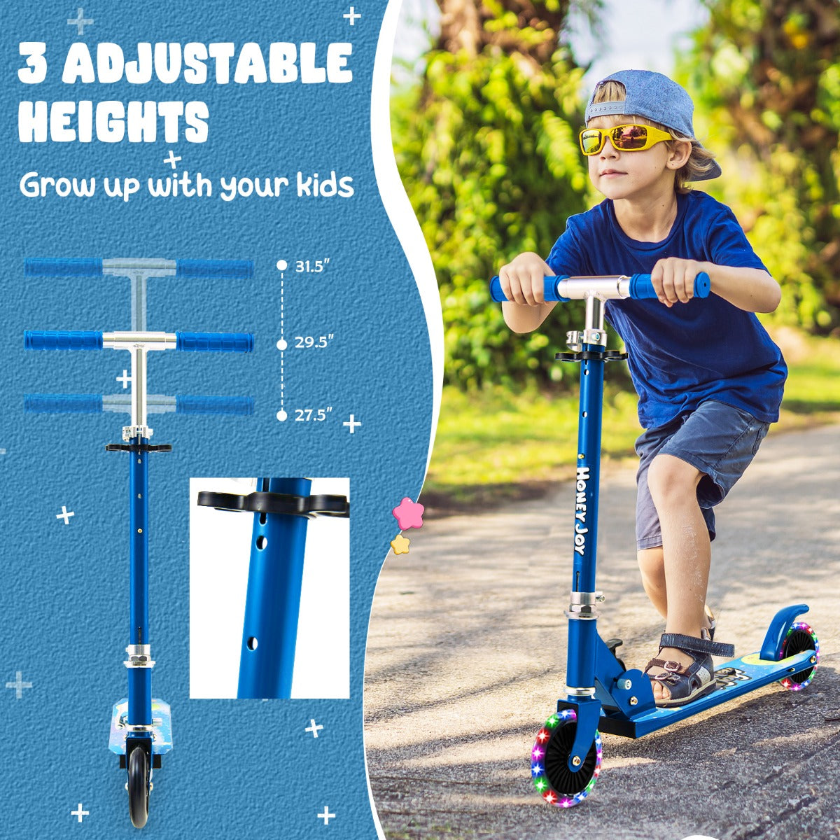 LIVSK Kinderstep - Opvouwbaar - Verstelbaar Stuur 70-80 cm - Knipperende PU-wielen - Lichtgewicht - Blauw