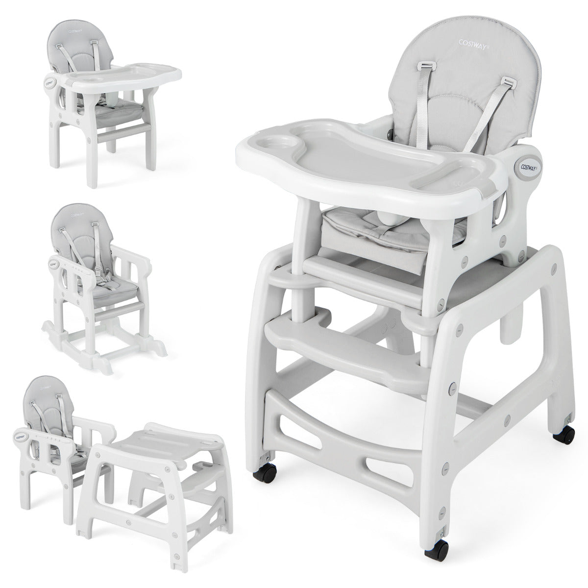 LIVSK 3-in-1 Converteerbare Kinderstoel - Verstelbare Rugleuning - Afneembaar Dienblad - Veiligheidsriem - Tot 20 kg - Grijs