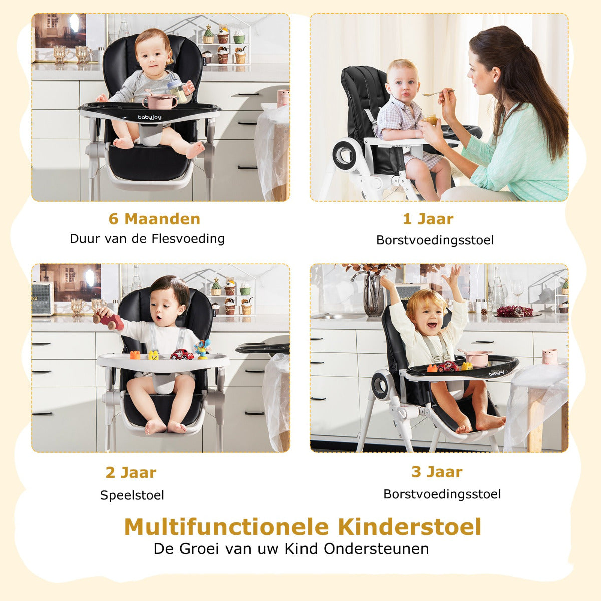LIVSK Verstelbare Kinderstoel - 6 Zithoogtes - Verstelbare Rugleuning - Afneembare Bladen - Veiligheidstuigje - Zwart