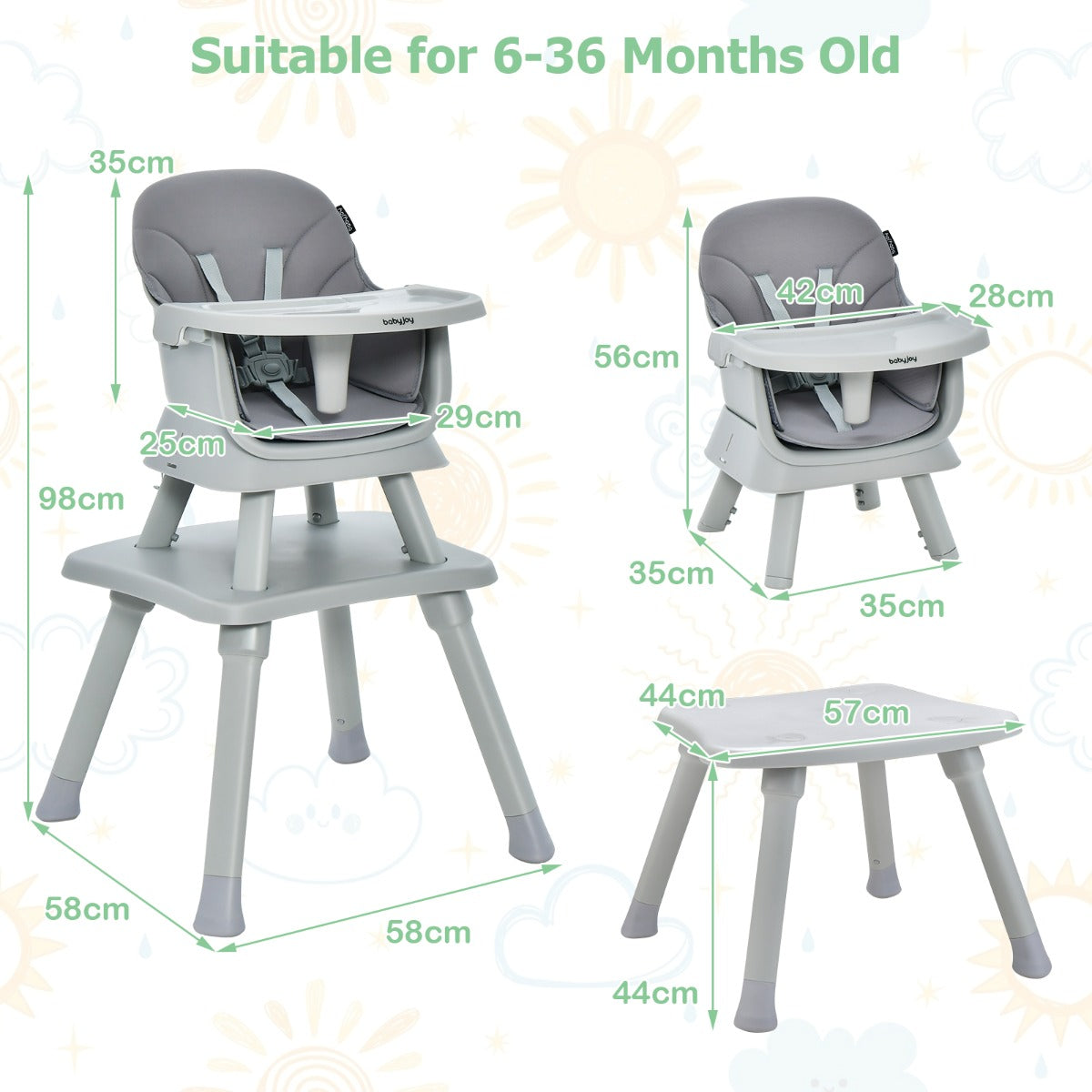 LIVSK 6-in-1 Converteerbare Kinderstoel - Veilig en Multifunctioneel - Antislip - Afneembaar Dienblad - Voor 6-36 maanden - Grijs
