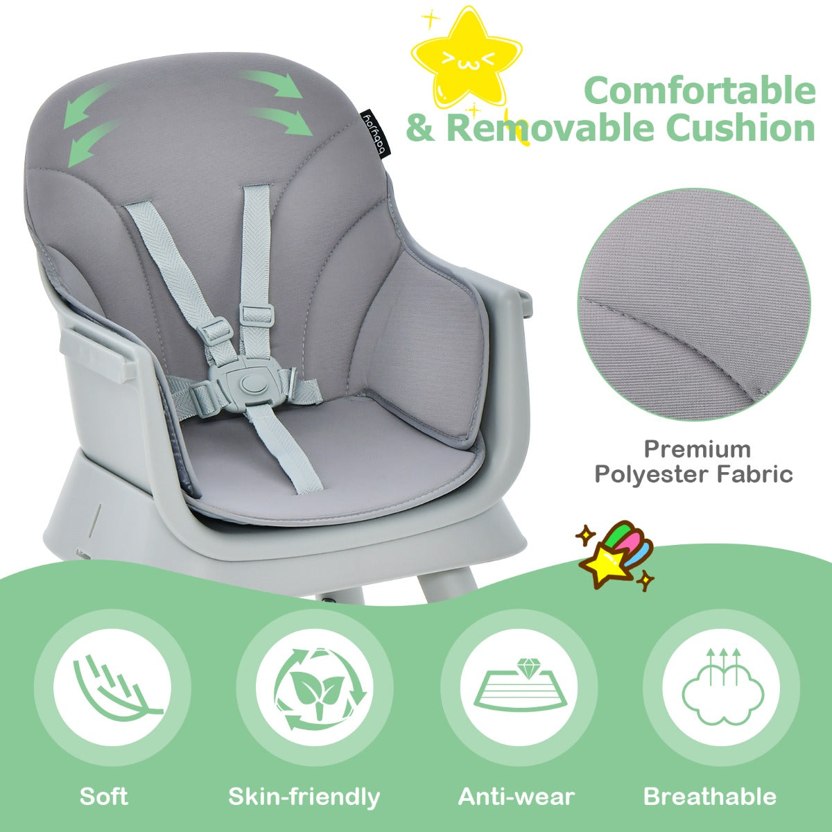 LIVSK 6-in-1 Converteerbare Kinderstoel - Veilig en Multifunctioneel - Antislip - Afneembaar Dienblad - Voor 6-36 maanden - Grijs