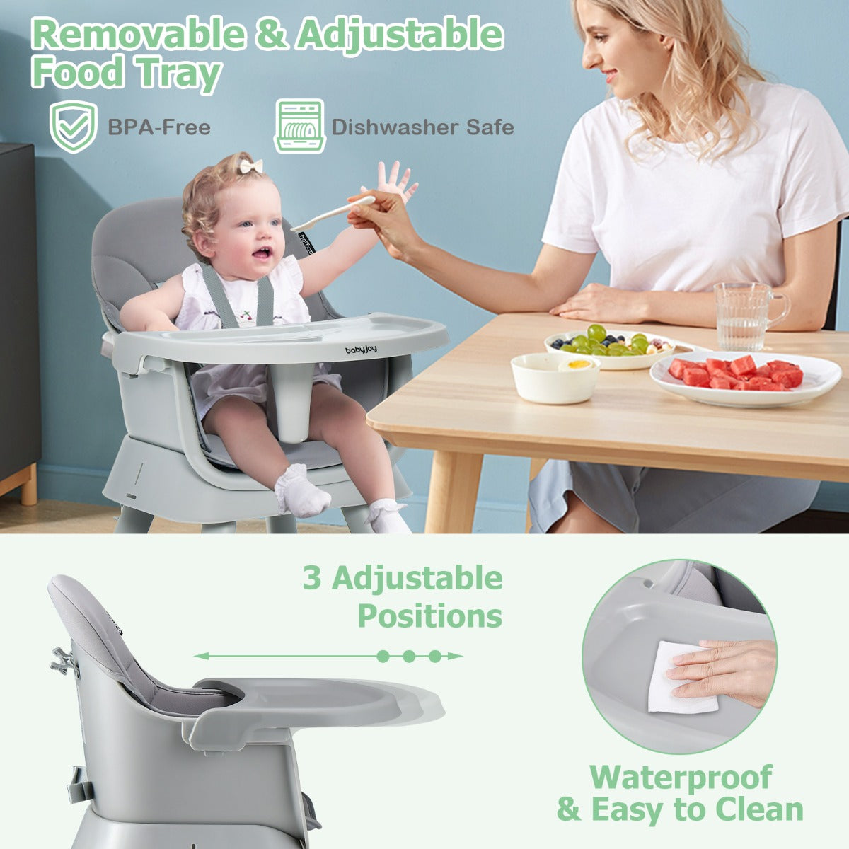 LIVSK 6-in-1 Converteerbare Kinderstoel - Veilig en Multifunctioneel - Antislip - Afneembaar Dienblad - Voor 6-36 maanden - Grijs