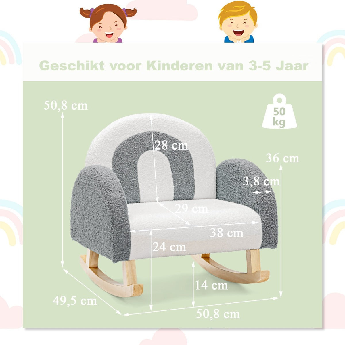 LIVSK Kinderschommelstoel - Ergonomisch Design - Zachte Veloursbekleding - Massief Houten Structuur - Tot 50 kg - Grijs