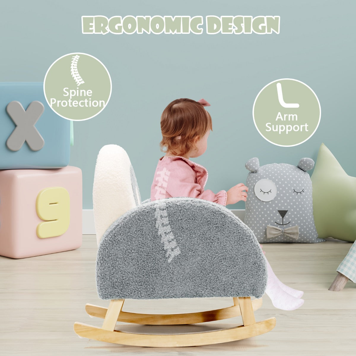 LIVSK Kinderschommelstoel - Ergonomisch Design - Zachte Veloursbekleding - Massief Houten Structuur - Tot 50 kg - Grijs