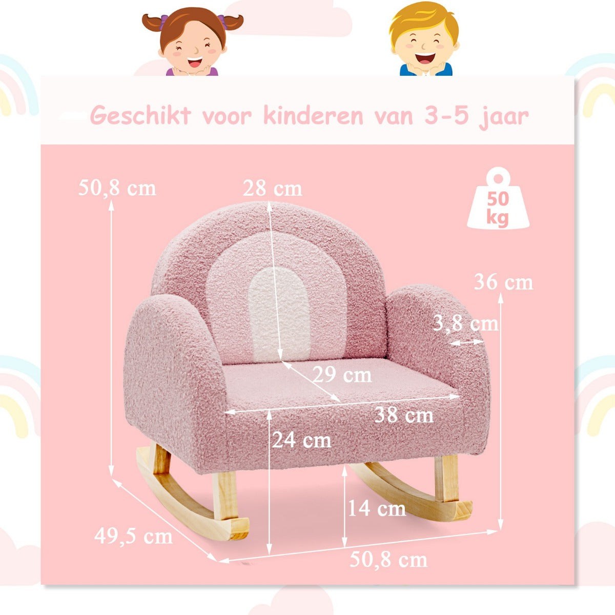 LIVSK Kinderschommelstoel - Ergonomisch Design - Zachte Velours - Massief Houten Poten - Tot 50 kg - Roze