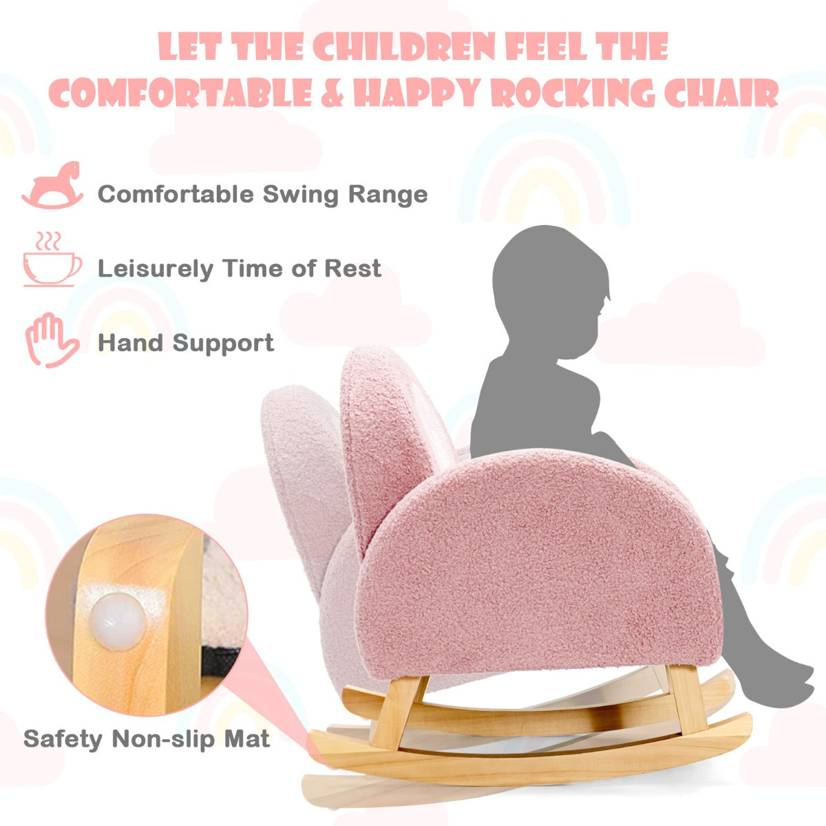 LIVSK Kinderschommelstoel - Ergonomisch Design - Zachte Velours - Massief Houten Poten - Tot 50 kg - Roze