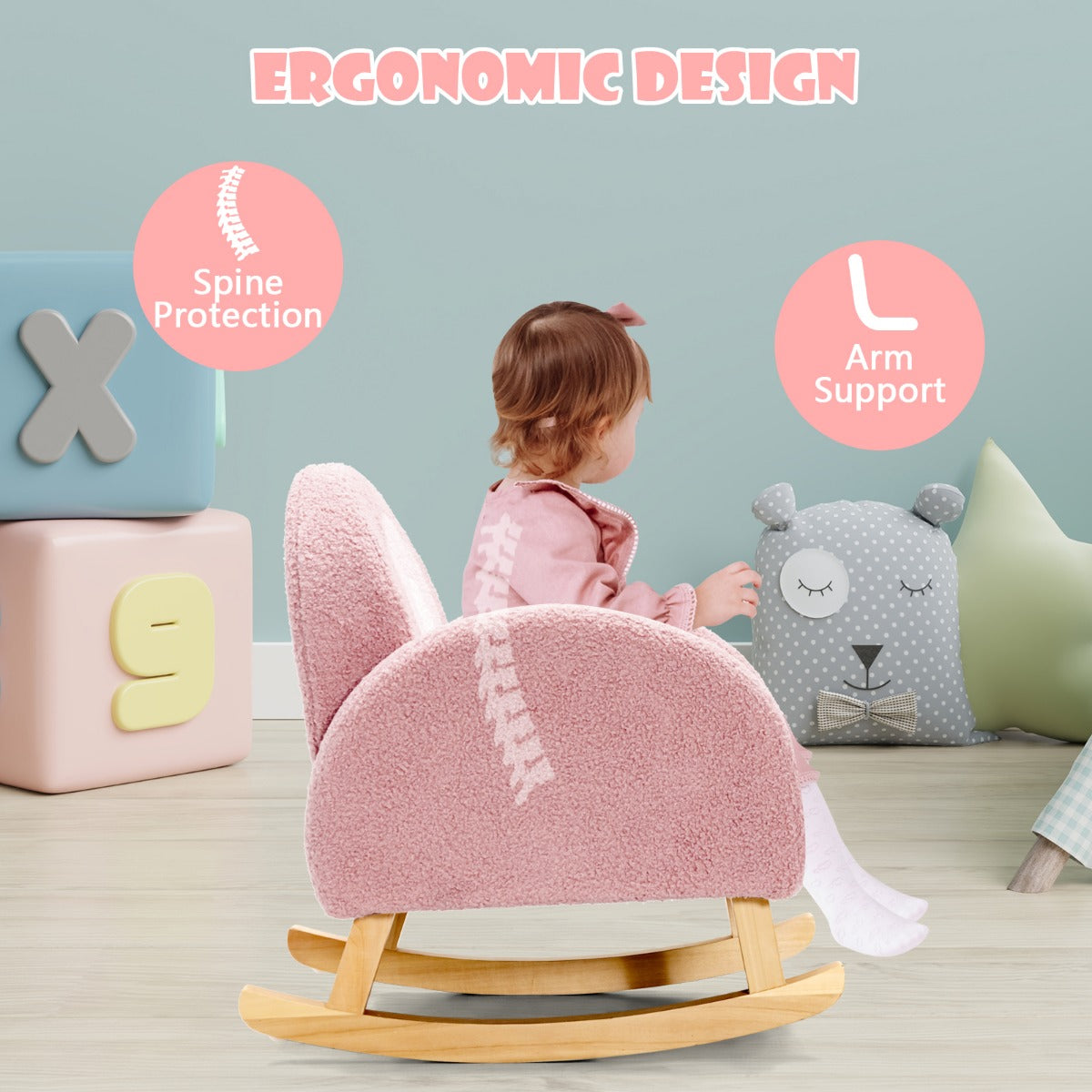LIVSK Kinderschommelstoel - Ergonomisch Design - Zachte Velours - Massief Houten Poten - Tot 50 kg - Roze