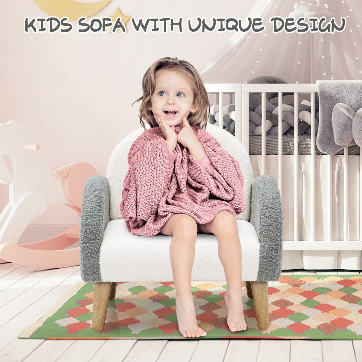 LIVSK Kinderstoel met Regenboogpatroon - Zacht Teddyfluweel - Ergonomisch Ontwerp - Tot 50 kg - 51 x 42 x 51 cm - Grijs