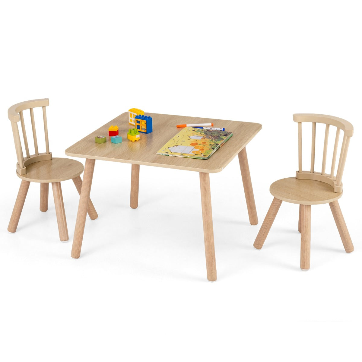 Livsk costway kindertafel en 2 stoelen set houten kinderactiviteitentafel set met gebogen spindelrugleuningen ronde zittingen en massief houten poten naturel