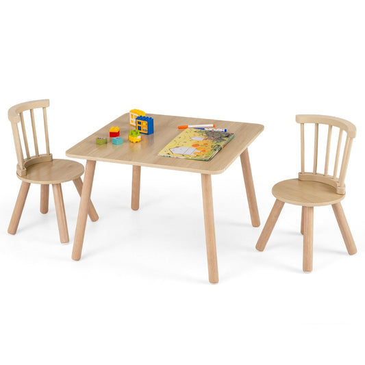 Livsk costway kindertafel en 2 stoelen set houten kinderactiviteitentafel set met gebogen spindelrugleuningen ronde zittingen en massief houten poten naturel