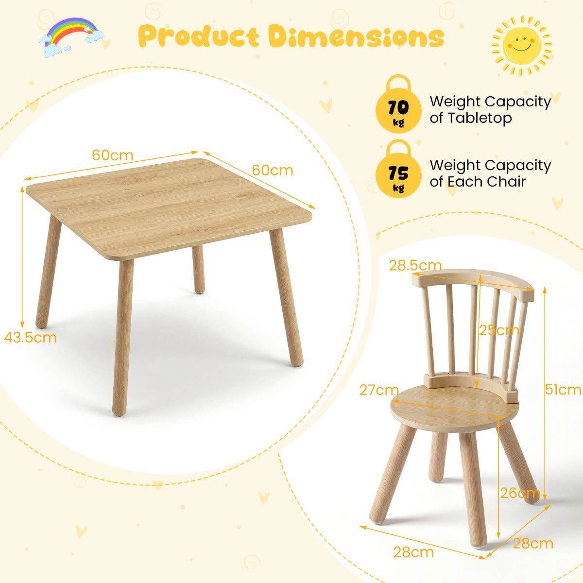Livsk costway kindertafel en 2 stoelen set houten kinderactiviteitentafel set met gebogen spindelrugleuningen ronde zittingen en massief houten poten naturel