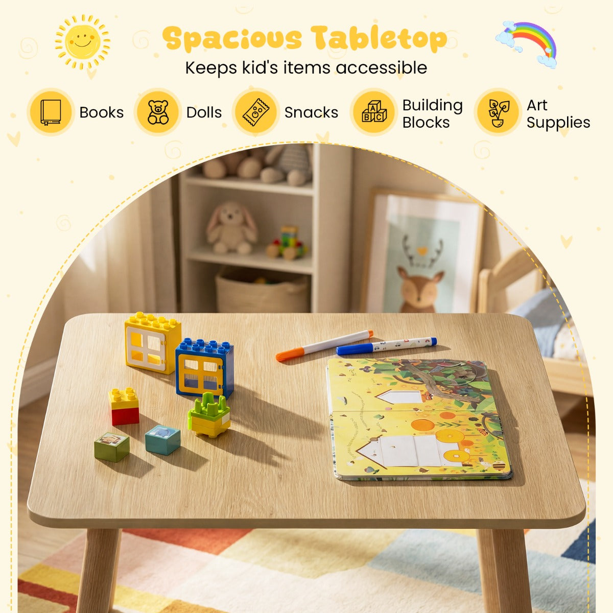 Livsk costway kindertafel en 2 stoelen set houten kinderactiviteitentafel set met gebogen spindelrugleuningen ronde zittingen en massief houten poten naturel