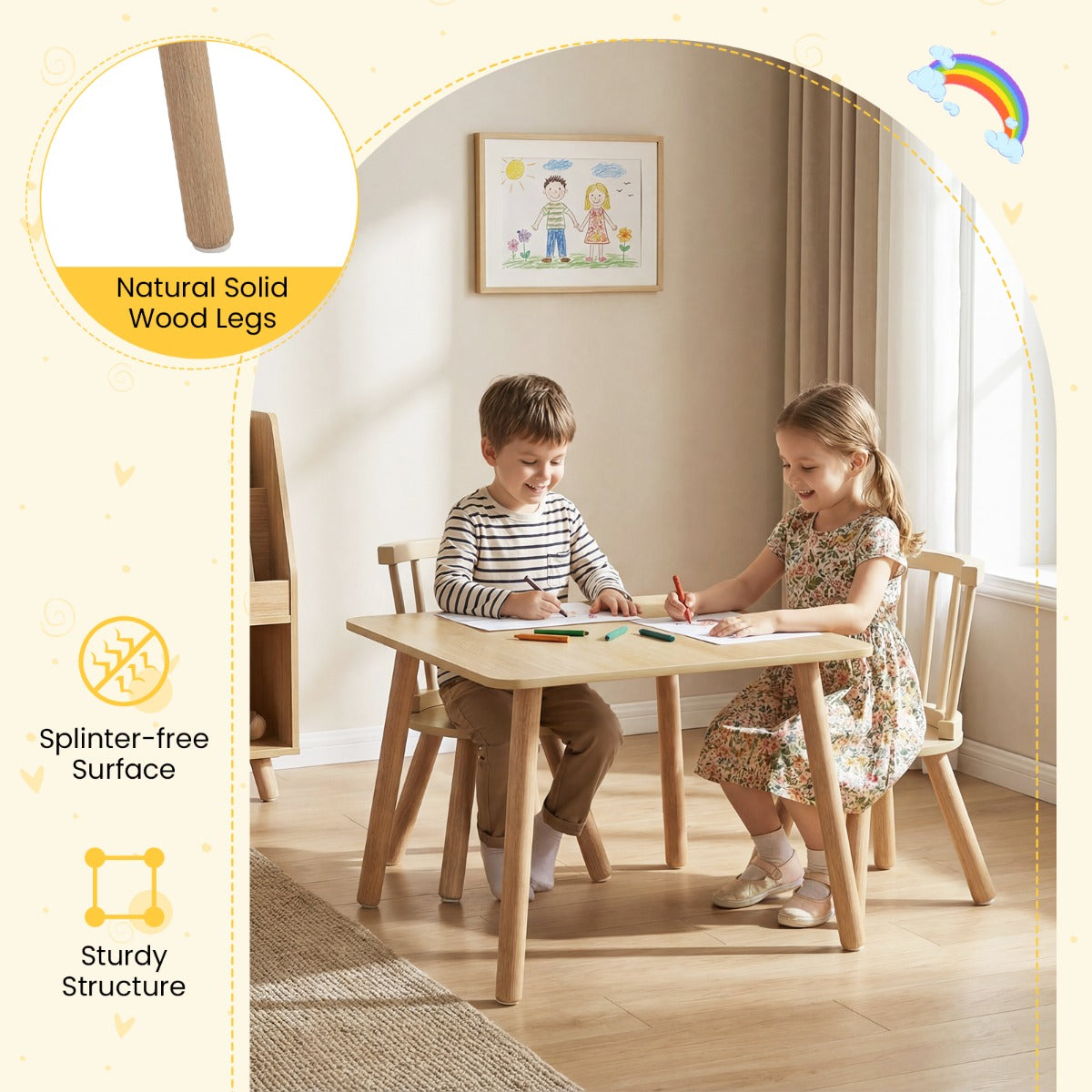 Livsk costway kindertafel en 2 stoelen set houten kinderactiviteitentafel set met gebogen spindelrugleuningen ronde zittingen en massief houten poten naturel