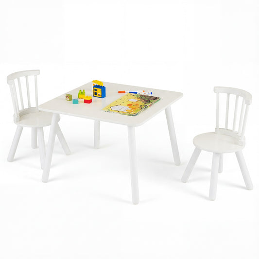 Livsk costway kindertafel en 2 stoelen set houten kinderactiviteitentafel set met gebogen spindelrugleuningen ronde zittingen en massief houten poten wit