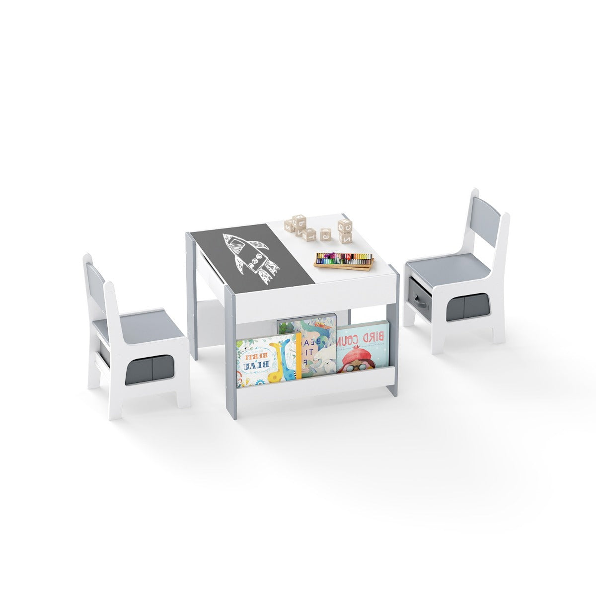 Livsk costway kindertafel en stoelenset 4 in 1 dubbelzijdige actieve tafel twee stoelen grijs