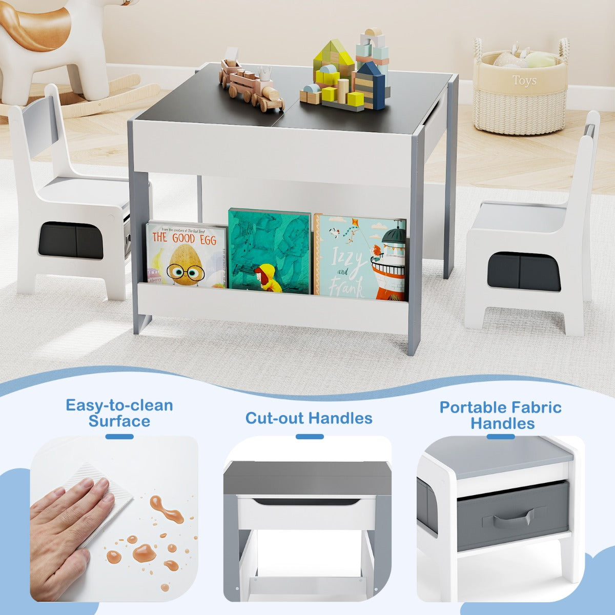 Livsk costway kindertafel en stoelenset 4 in 1 dubbelzijdige actieve tafel twee stoelen grijs 2