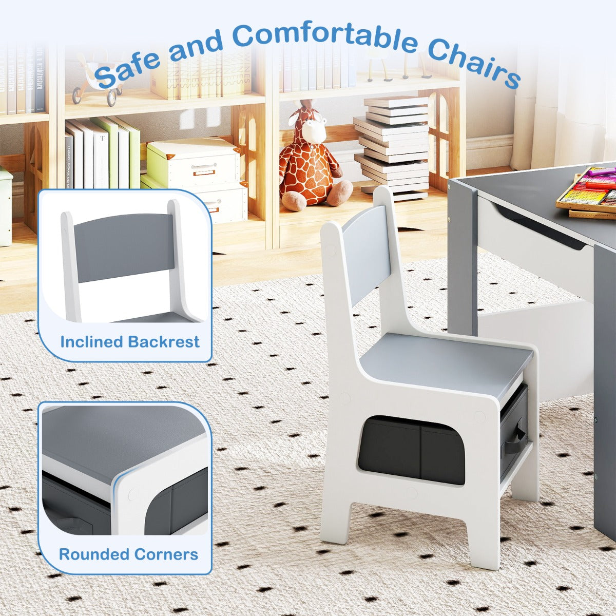 Livsk costway kindertafel en stoelenset 4 in 1 dubbelzijdige actieve tafel twee stoelen grijs 4
