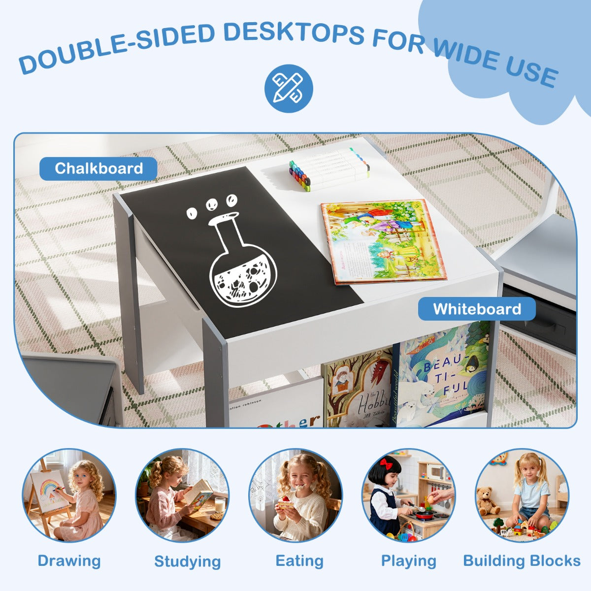 Livsk costway kindertafel en stoelenset 4 in 1 dubbelzijdige actieve tafel twee stoelen grijs 5