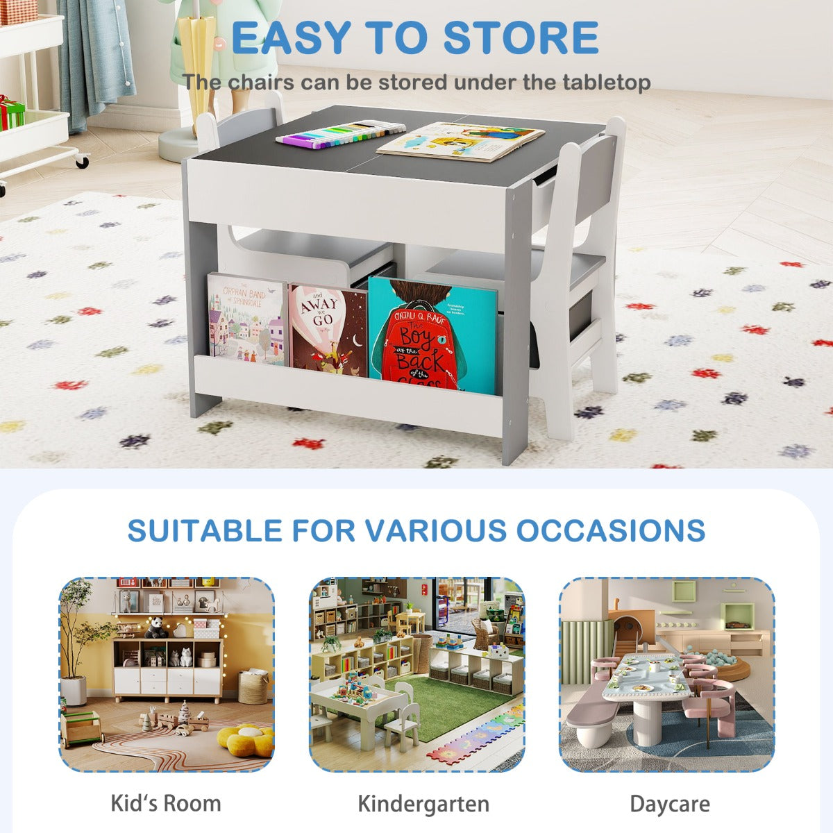 Livsk costway kindertafel en stoelenset 4 in 1 dubbelzijdige actieve tafel twee stoelen grijs 6