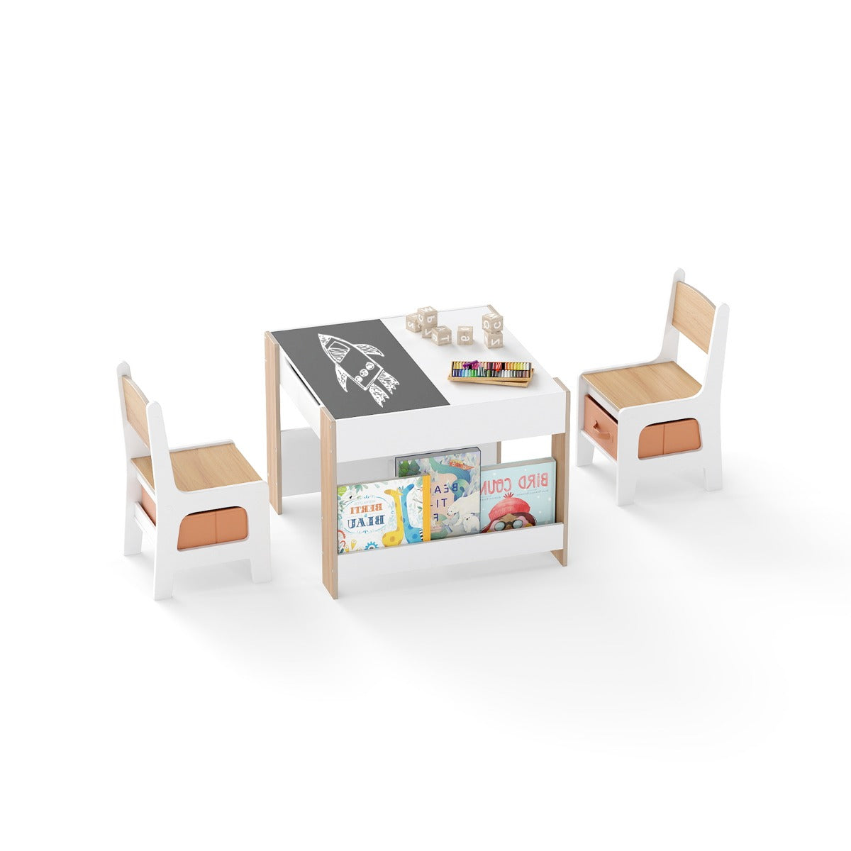 Livsk costway kindertafel en stoelenset 4 in 1 dubbelzijdige actieve tafel twee stoelen naturel