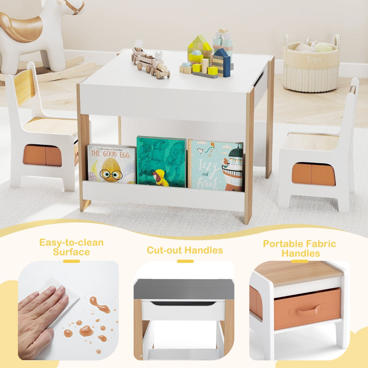 Livsk costway kindertafel en stoelenset 4 in 1 dubbelzijdige actieve tafel twee stoelen naturel 2