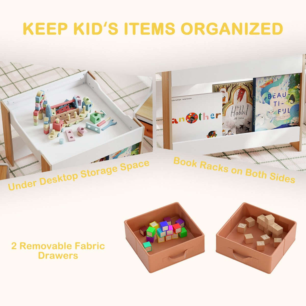 Livsk costway kindertafel en stoelenset 4 in 1 dubbelzijdige actieve tafel twee stoelen naturel 3