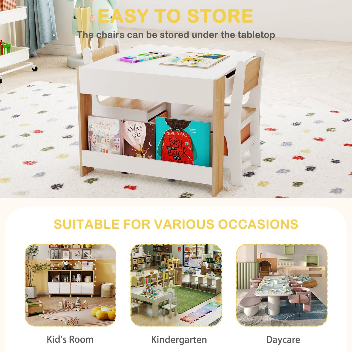 Livsk costway kindertafel en stoelenset 4 in 1 dubbelzijdige actieve tafel twee stoelen naturel 6