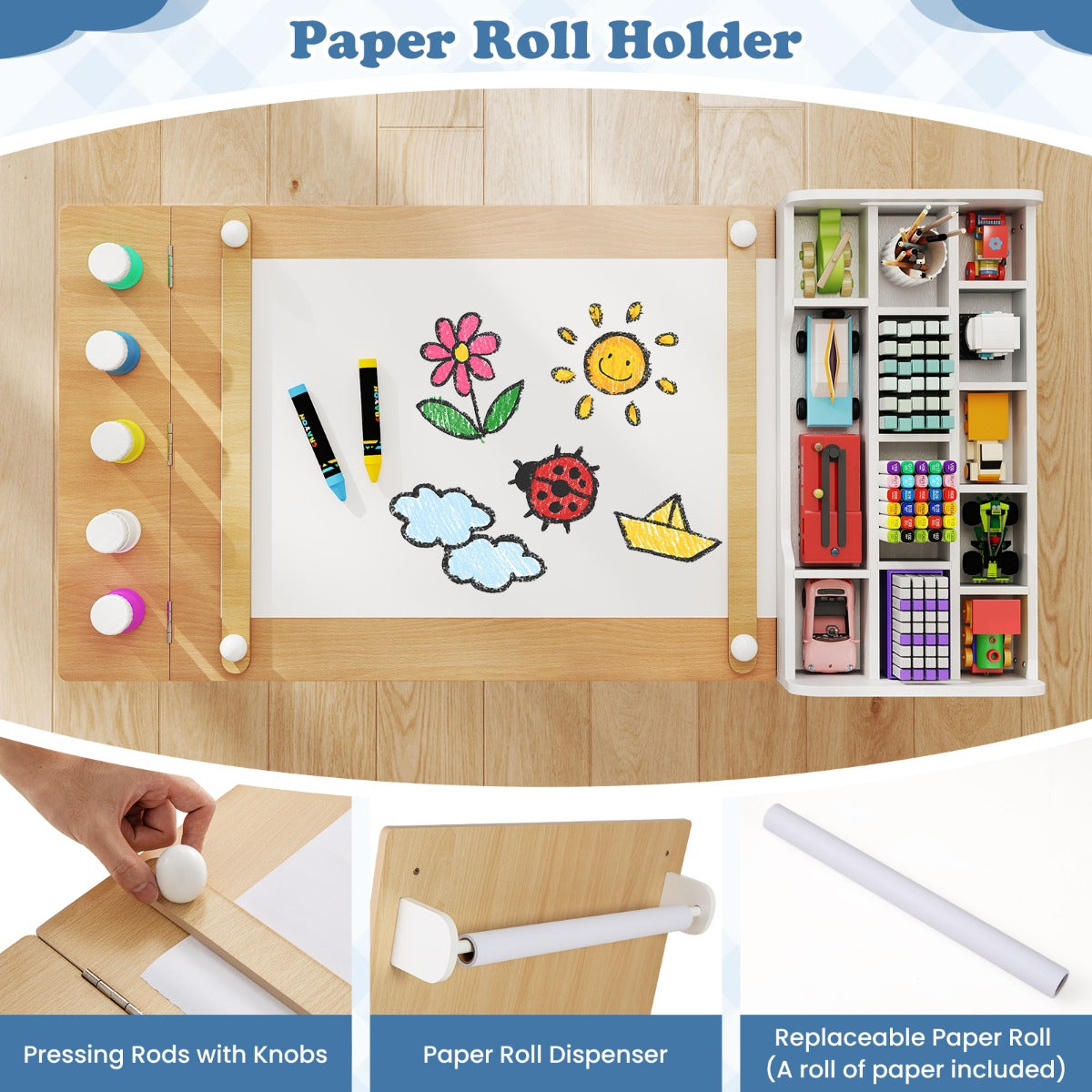 LIVSK kinderkunsttafelset - Opklapbaar met papierroldispenser - Inclusief opbergvakken en stoelen - Veilig en stevig -