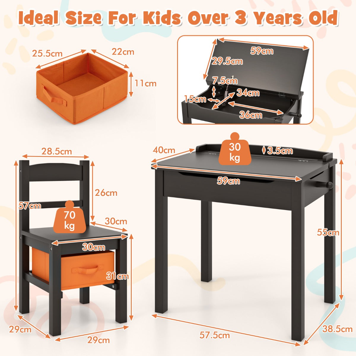 Livsk costway kindertafel en stoelenset opklapbaar bureau met stoel massief houten activiteitentafelset met veiligheidsscharnier uittrekbare lade koffie 1 1