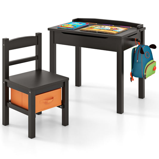 Livsk costway kindertafel en stoelenset opklapbaar bureau met stoel massief houten activiteitentafelset met veiligheidsscharnier uittrekbare lade koffie